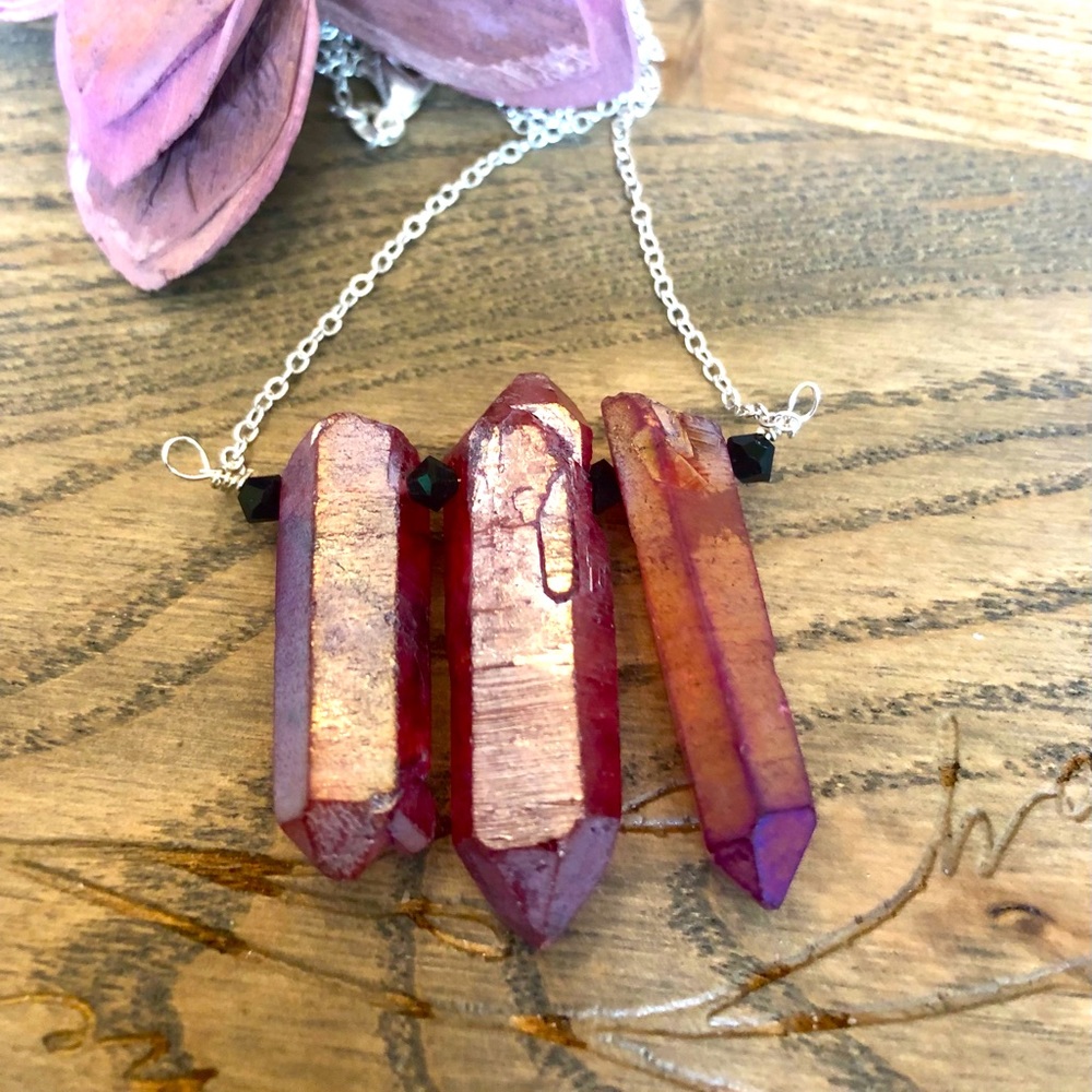 Ruby pink quartz Crystal points necklace